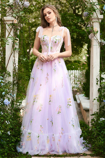 Lavender A-line Corset Long Tulle Ball Dress with Embroidered Floral